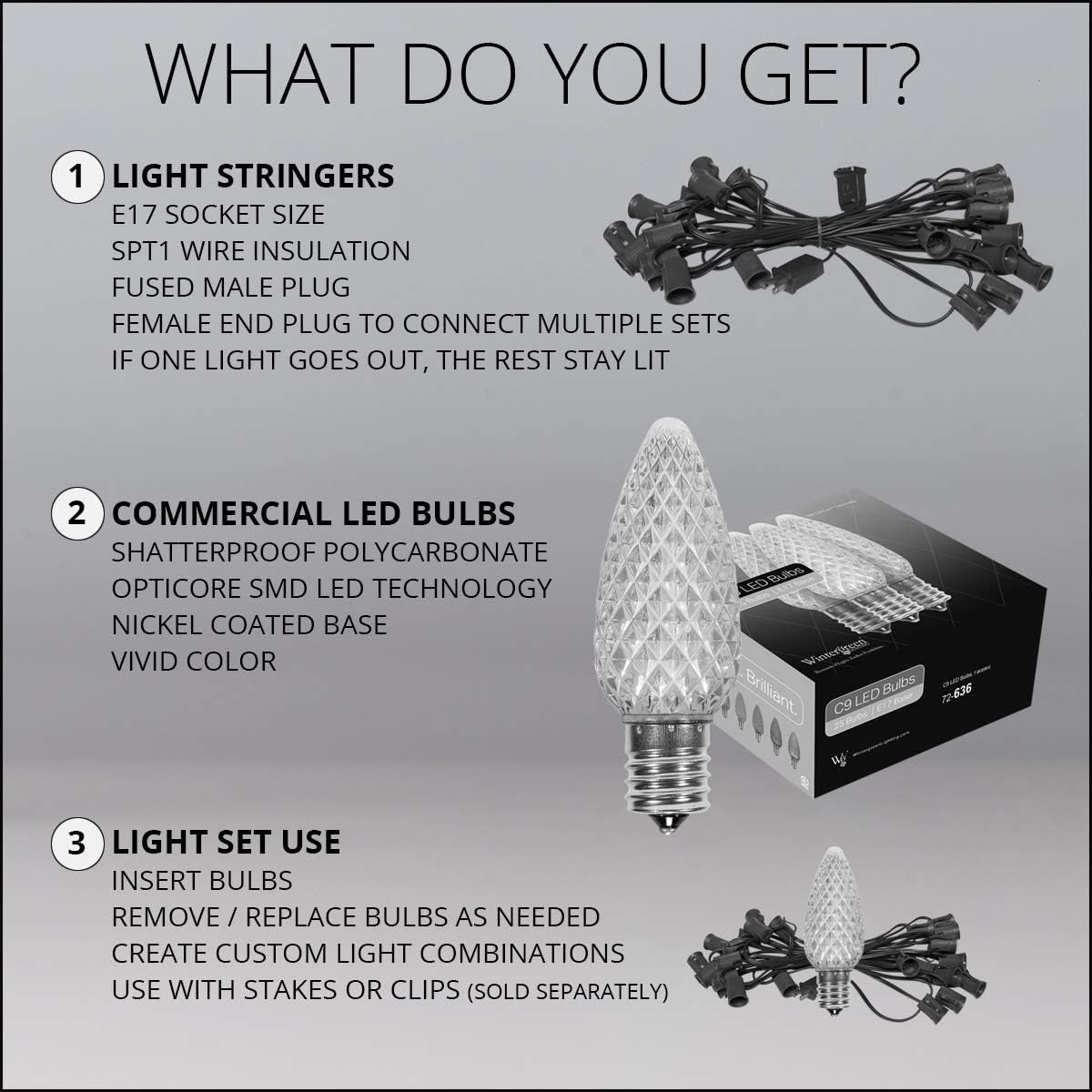 Luces LED navideñas comerciales C9 OptiCore para exteriores  Guirnalda de luces de navidad de alta resistencia cable verde