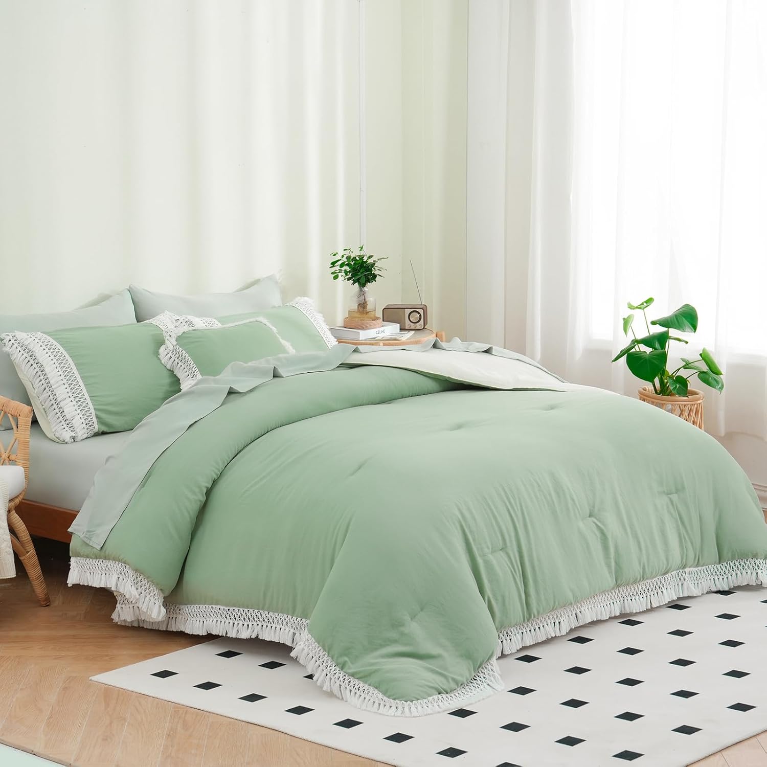 Juego de edredón bohemio tamaño King de 8 piezas en una bolsa, juego de ropa de cama verde con 1 edredón con borlas, 1 sábana encimera, 1 sábana