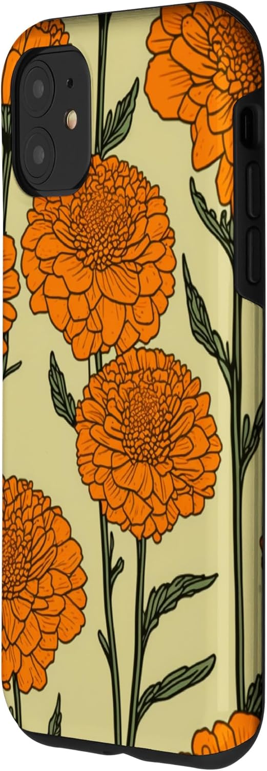Funda naranja floral moderna para iPhone 11 Marigold Flower Line Art