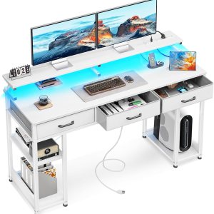AODK Escritorio para computadora de 55 pulgadas con 3 cajones, escritorio para juegos con luces LED y tomas de corriente, escritorio de oficina en AODK Escritorio para computadora de 55 pulgadas con 3 cajones, escritorio para juegos con luces LED y tomas de corriente, escritorio de oficina en