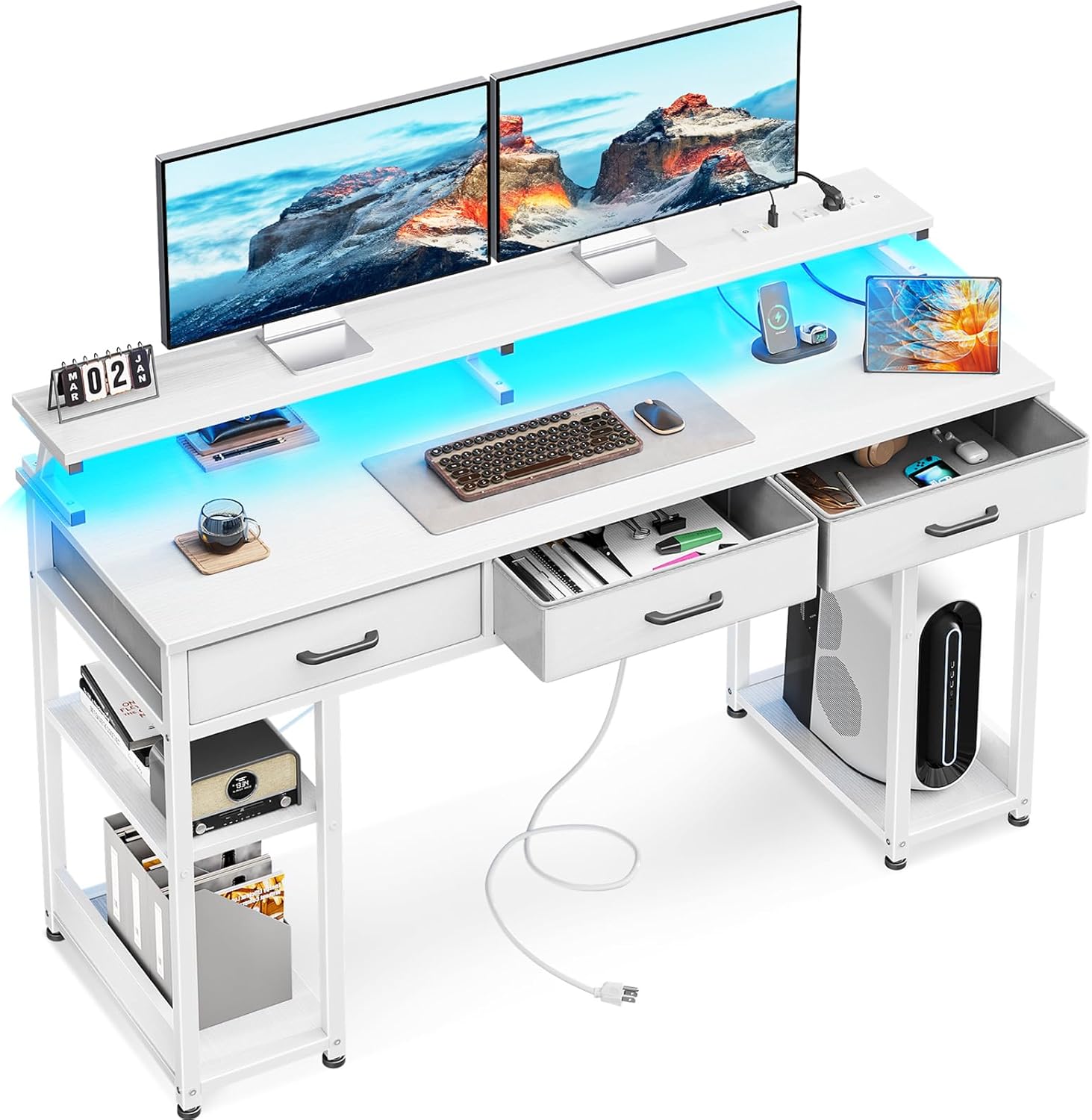 AODK Escritorio para computadora de 55 pulgadas con 3 cajones, escritorio para juegos con luces LED y tomas de corriente, escritorio de oficina en
