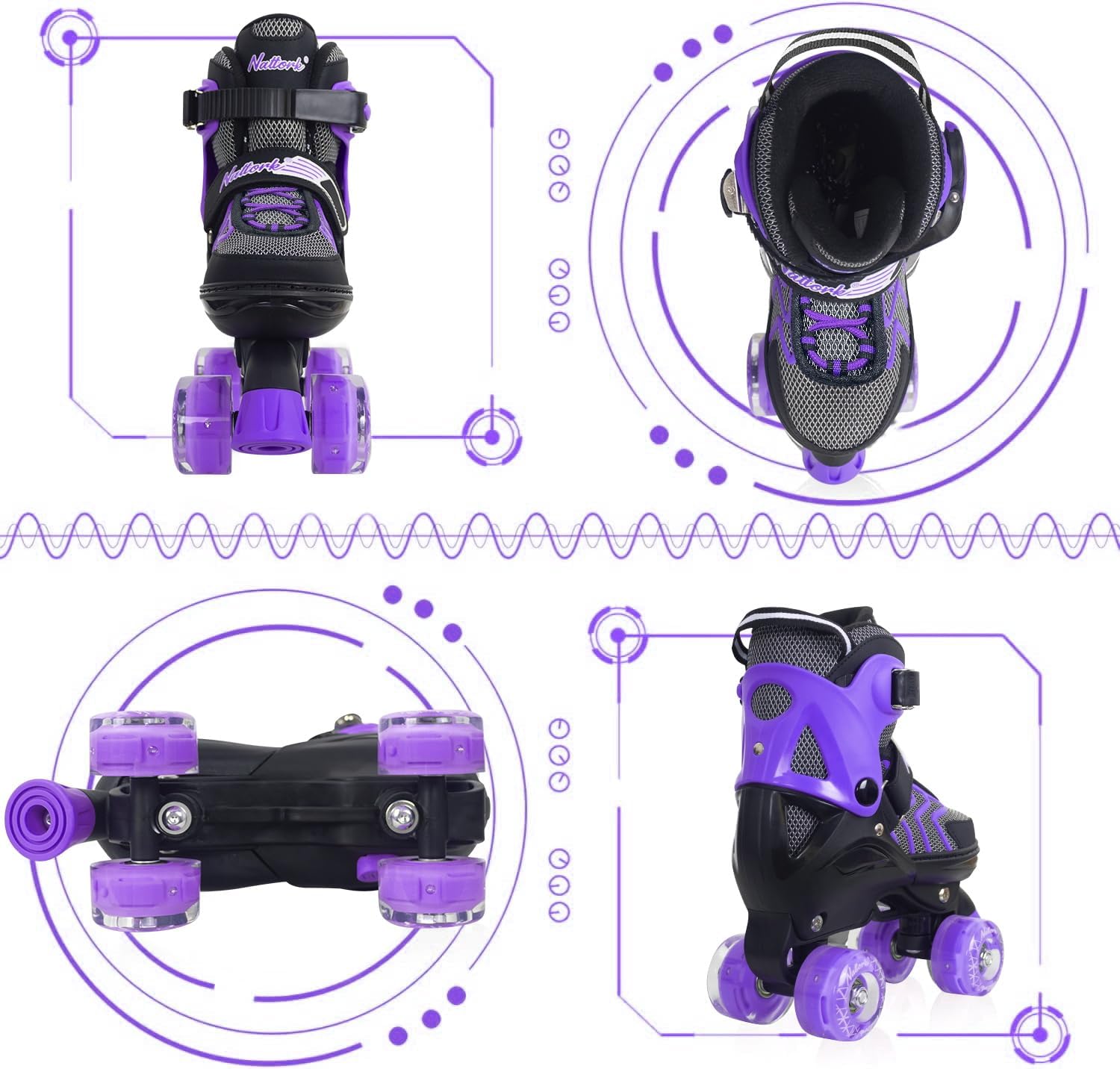 Nattork Patines de ruedas para niños y niñas, patines ajustables de 4 tamaños con ruedas iluminadas para adolescentes, principiantes, deportes al