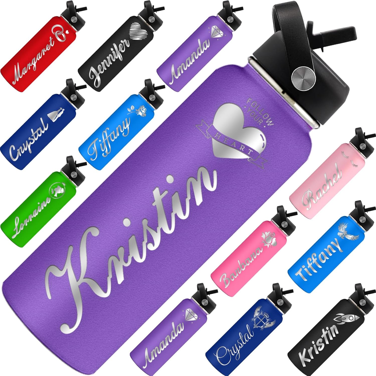 Botella de agua personalizada con aislamiento personalizado con tapa con popote, botellas de acero inoxidable grabadas personalizadas de 40 onzas