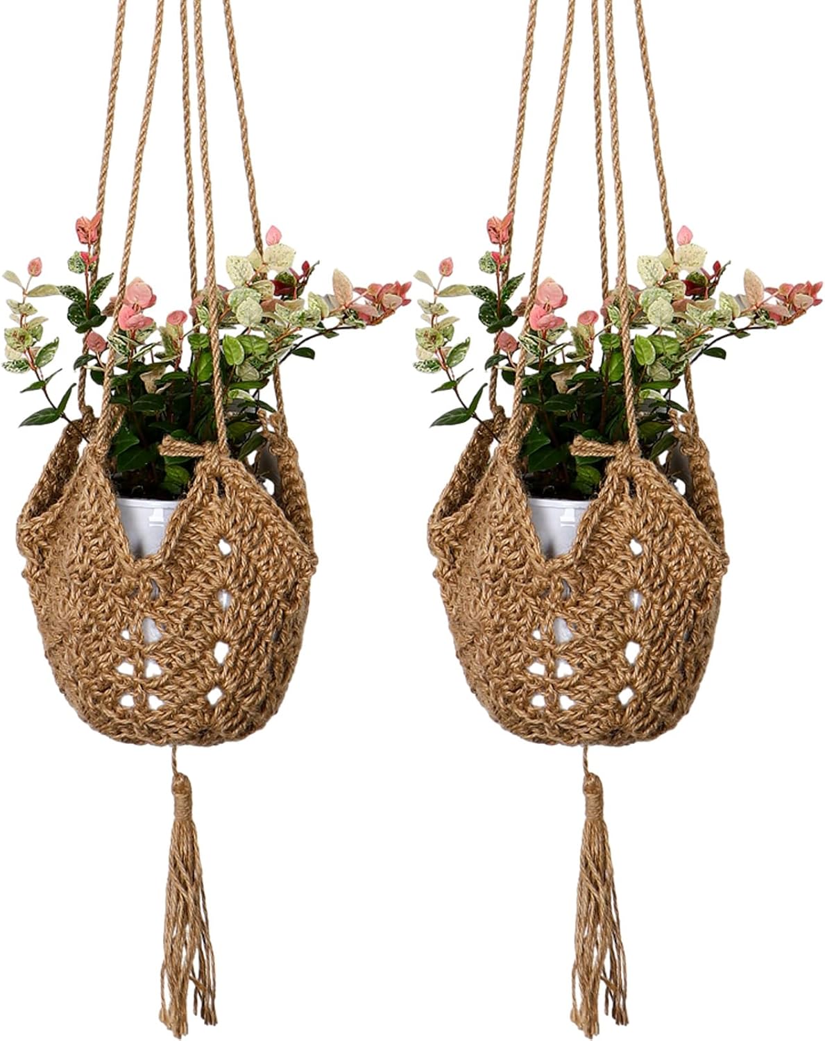 Colgadores de macramé para plantas de yute, ganchillo, para interiores, con 2 ganchos, cesta para colgar macetas, soporte para macetas para