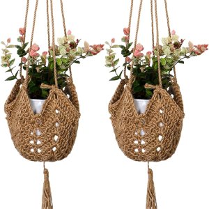 Colgadores de macramé para plantas de yute, ganchillo, para interiores, con 2 ganchos, cesta para colgar macetas, soporte para macetas para Colgadores de macramé para plantas de yute, ganchillo, para interiores, con 2 ganchos, cesta para colgar macetas, soporte para macetas para