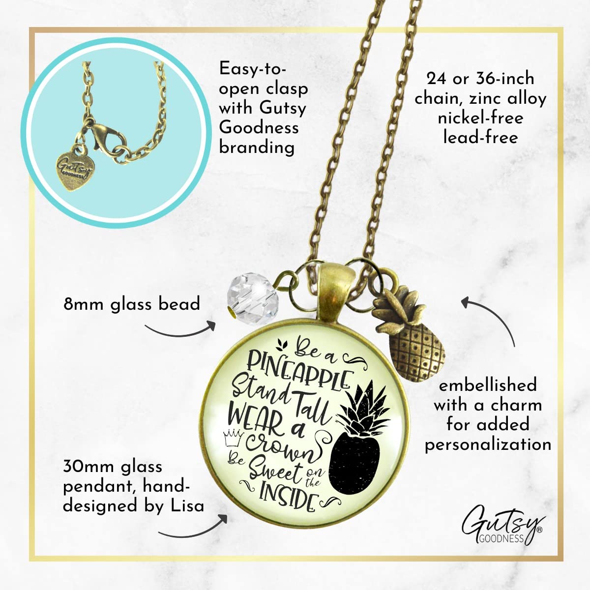 Pineapple Necklace Stand Tall Tropical Boho Style Bronze Jewelry for Women Chain 24″ – Handmade Glass Hawaiian Inspirational Quote Pendant,