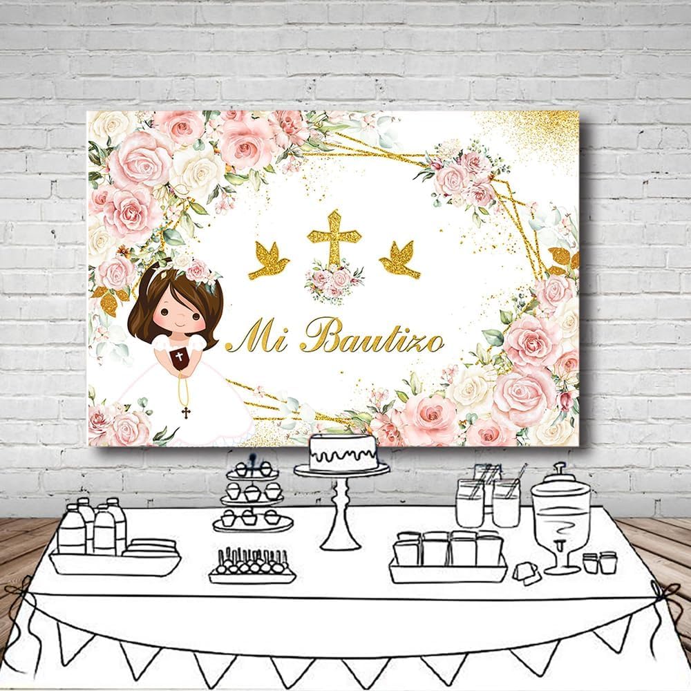 MEHOFOND Telón de fondo bohemio de 8 x 6 pies para bautizo con texto en inglés Mi Bautizo y Dios bendiga para la primera comunión, decoración de