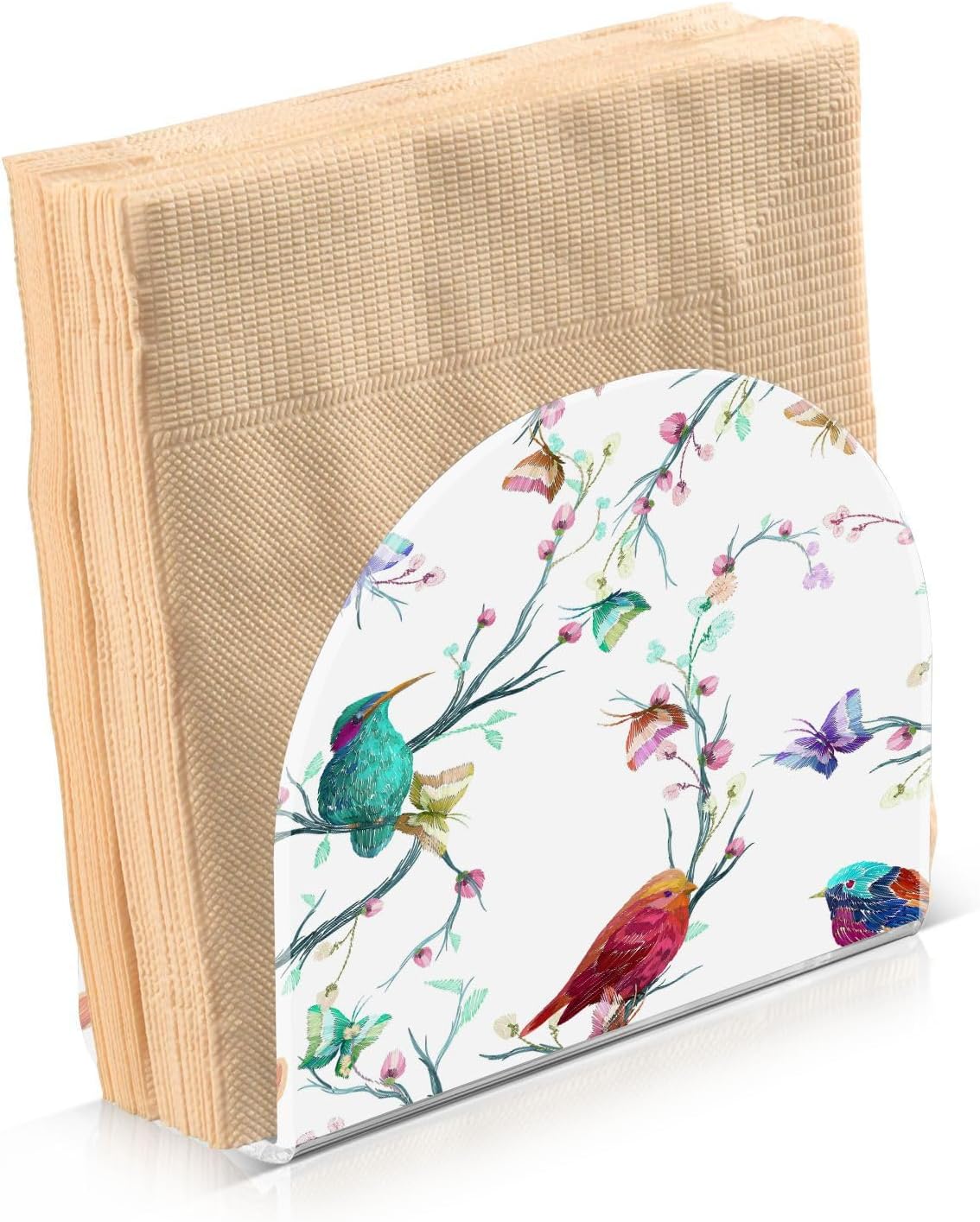Servilletero con diseño de mariposas, flores, colibríes, para mesa, pájaros, hojas, ramas, dispensador, servilletas, servilletas en forma de U,