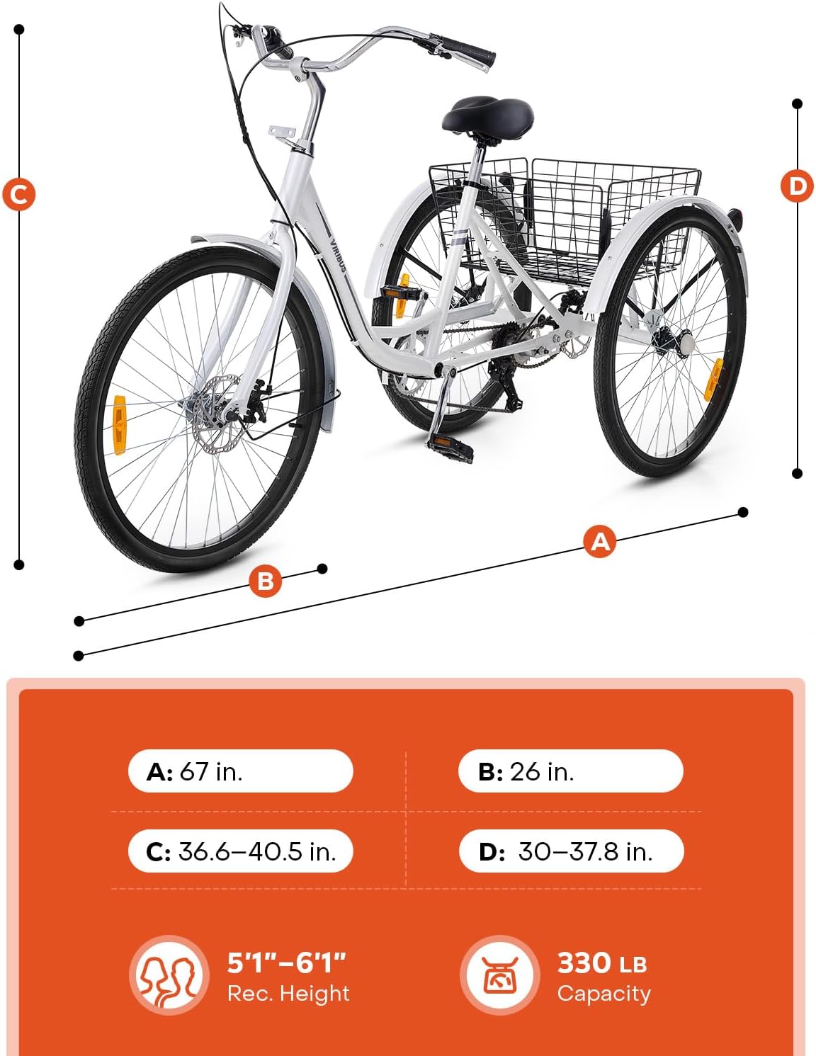 Viribus Triciclo para adultos, triciclo de 7 velocidades para adultos con doble cadena, triciclos para adultos para mujeres, hombres y personas