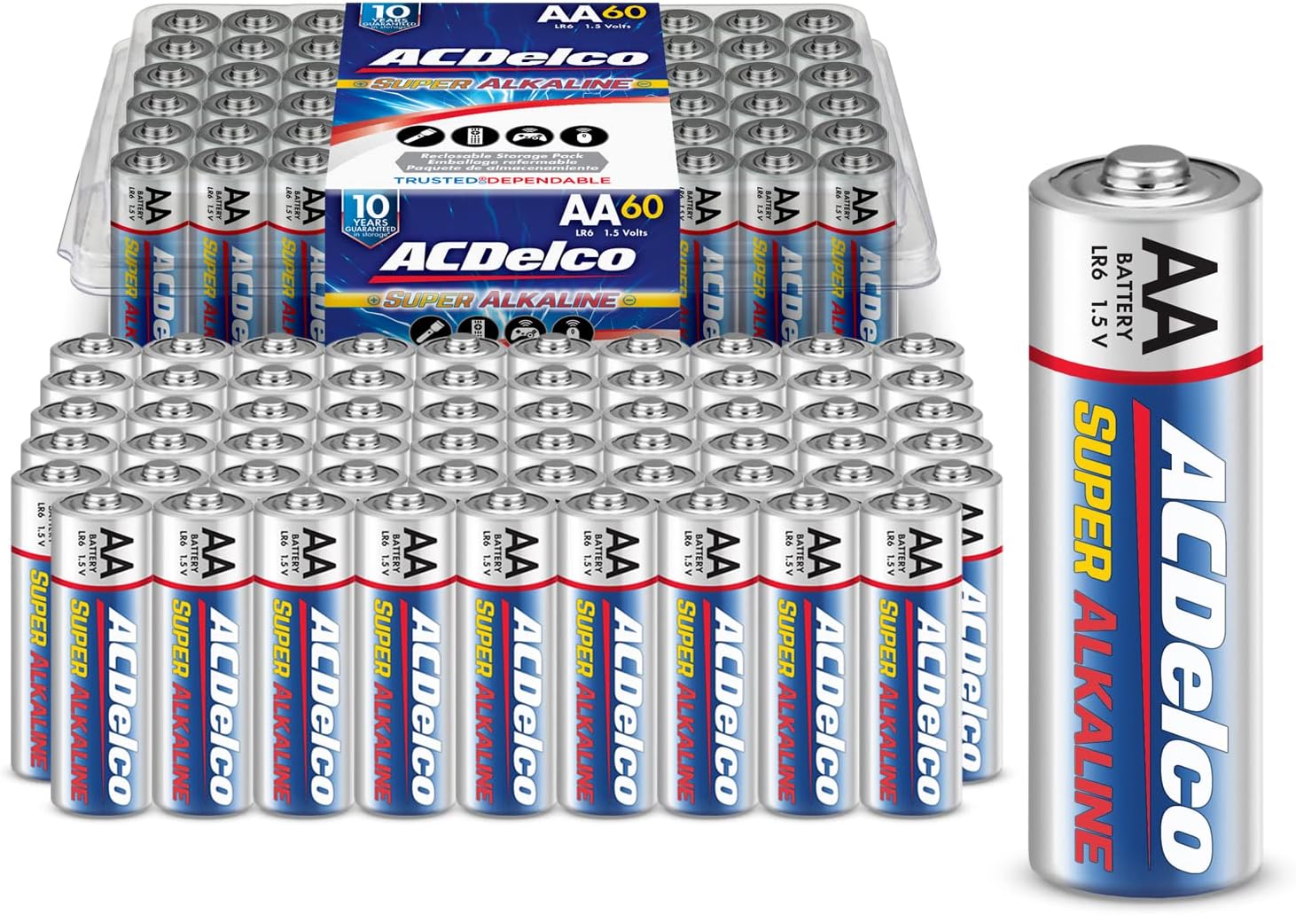 ACDelco 100 pilas AAA, batería súper alcalina de máxima potencia y ACDelco 60 pilas AA, batería súper alcalina de máxima potencia, 10 años de vida