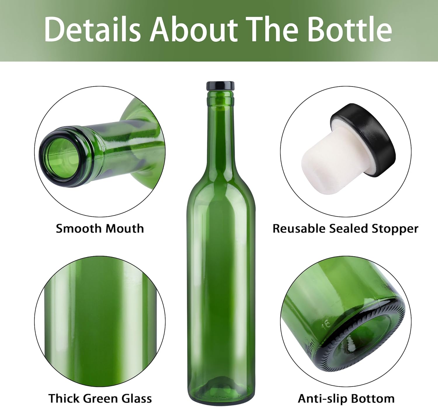 Paquete de 8 botellas de vino de vidrio de 25.4 fl oz, botellas de vidrio verde de 25 onzas con tapas de corcho y cápsulas retráctiles de PVC,