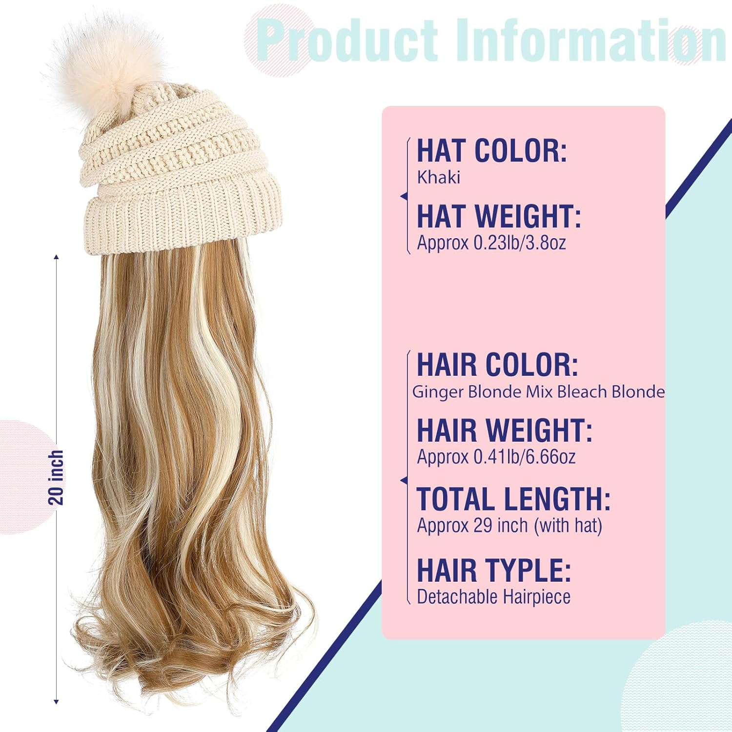 Gorro con peluca, gorro con cabello, extensiones largas onduladas, gorro de punto con pompones, 20 pulgadas, sintético, extraíble, para mujer,