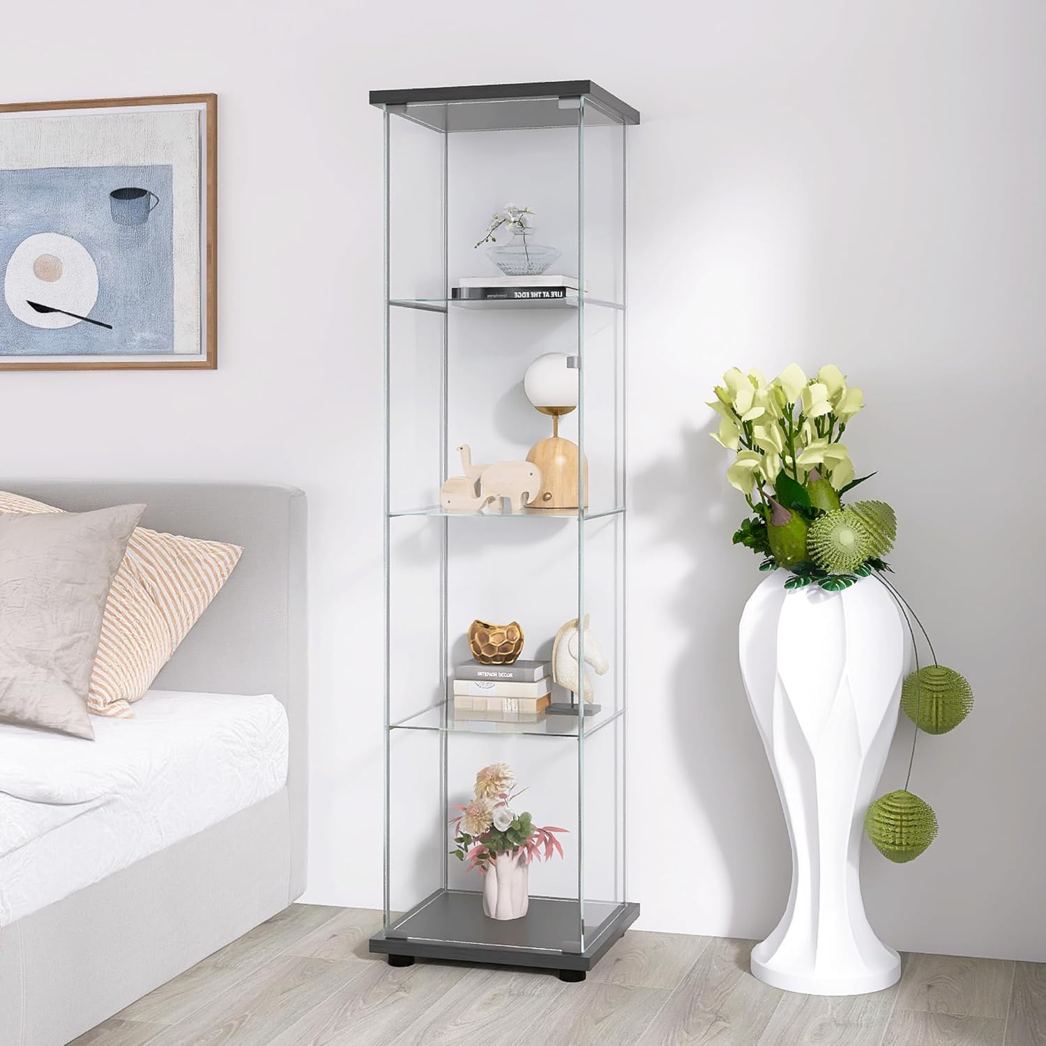 Yoluckea Gabinete de cristal, 4 estantes de cristal con puerta, gabinete de exhibición de cristal de la colección Curio Cabinet para oficina en