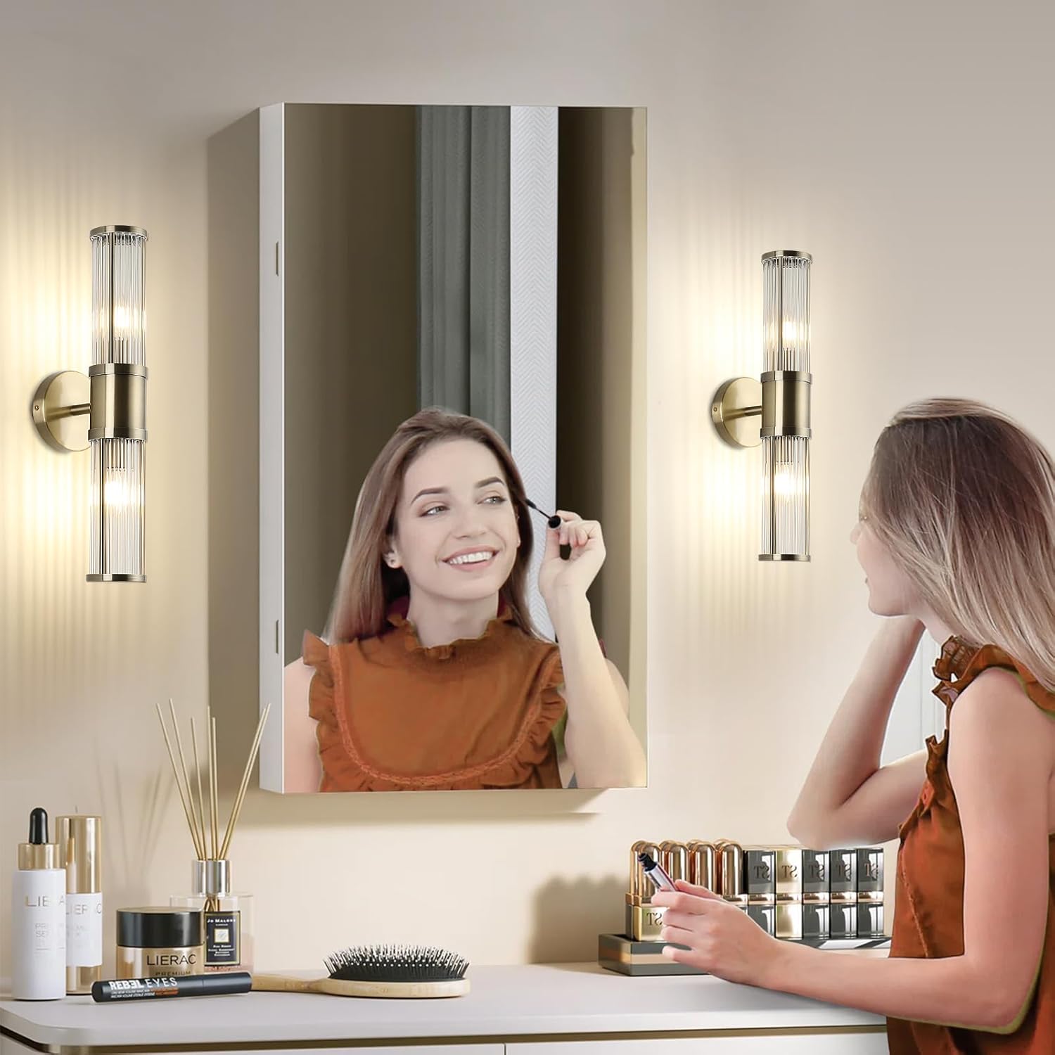 Lámpara de pared con varillas de vidrio para interiores, de bronce antiguo, accesorios de tocador para baño, junto al espejo, lámparas de