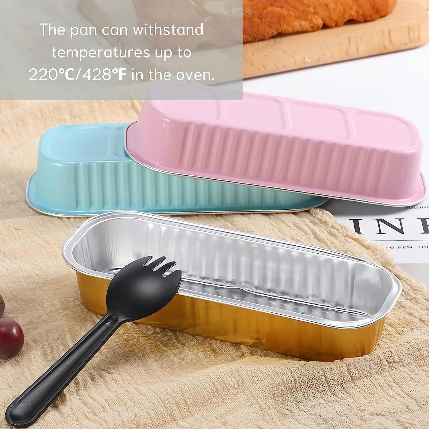 Findful Mini moldes para hornear pan con tapas y cucharas (paquete de 100 unidades, 6.8 onzas), moldes rectangulares de papel de aluminio para