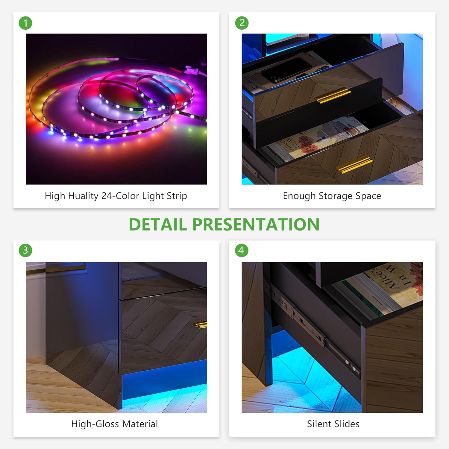HNEBC Mesita de noche LED, RGB negro con estación de carga USBinalámbrica, moderna mesita de noche con sensor automático de luces RGB, mesa auxiliar