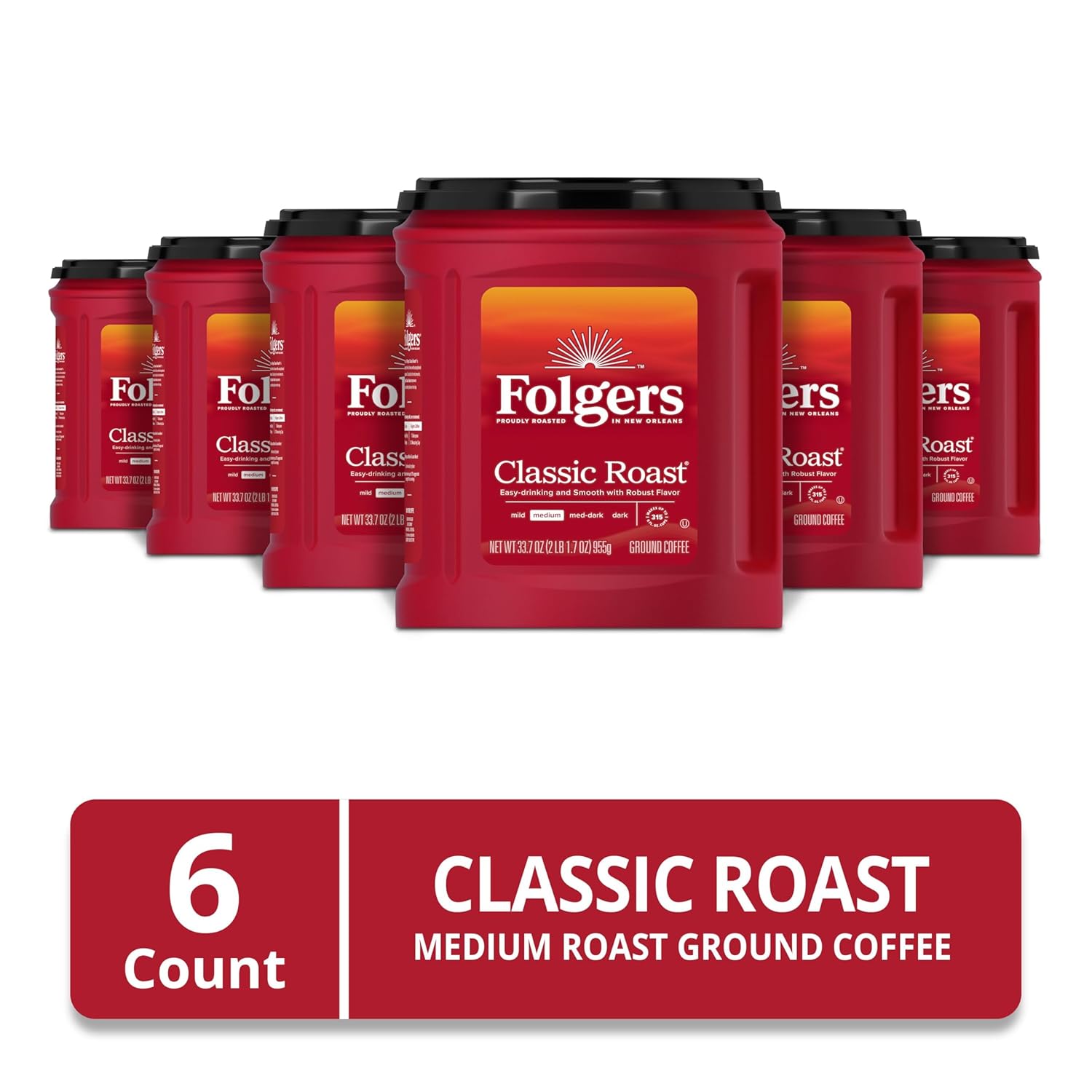Folgers Café molido tostado medio clásico, 33.7 onzas (paquete de 6)