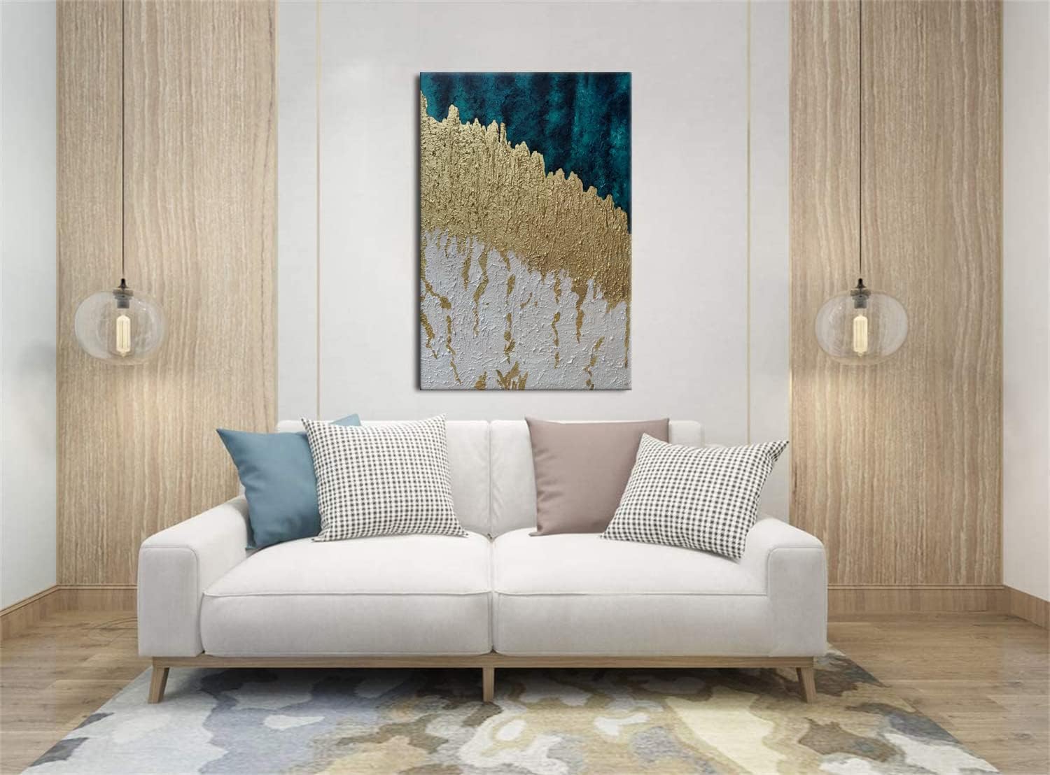 Slyart Lienzo vertical azul y dorado para pared, pintura al óleo moderna en 3D abstracta sobre lienzo, pintada a mano, obra de arte de metal