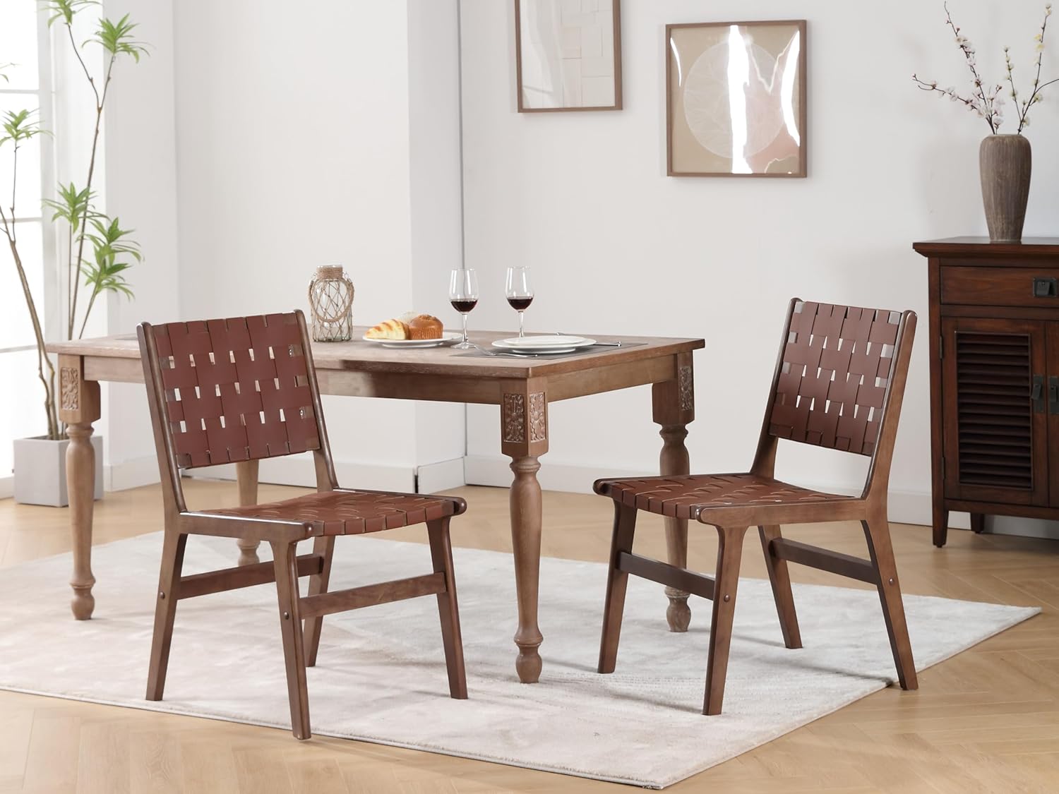 ABET Juego de 2 sillas de comedor de cuero marrón para cocina, sillas de comedor sin brazos de cuero sintético tejido de granja, silla moderna