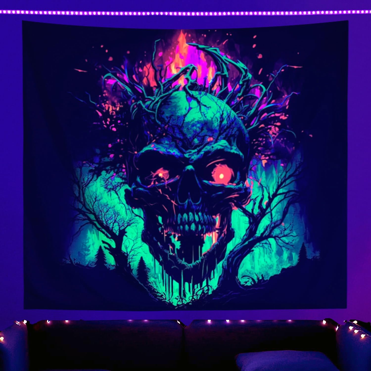 SparkLia Tapiz de calavera de fuego con luz negra, tapiz para colgar en la pared, tapiz de neón de terror oscuro aterrador, bosque de esqueleto