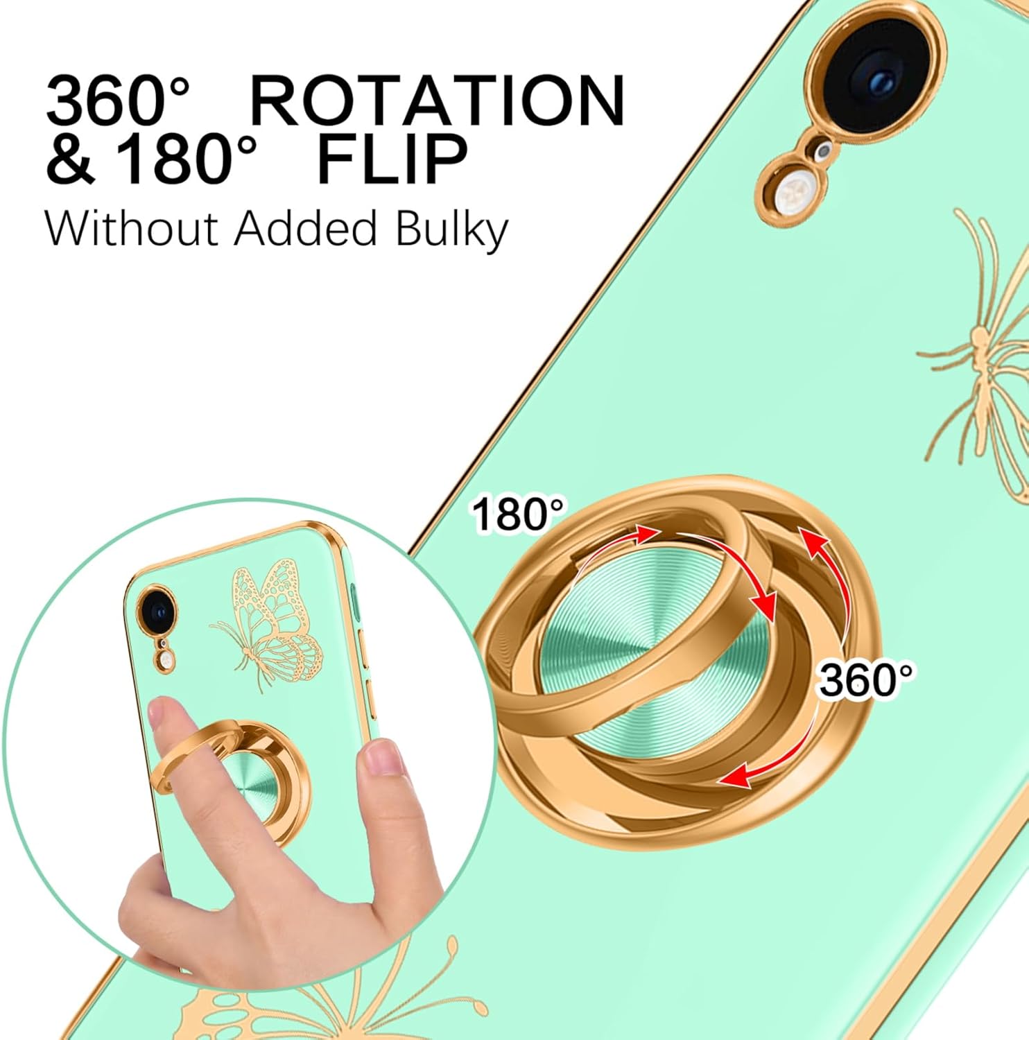 BENTOBEN Funda para iPhone XR, funda para teléfono iPhone XR 6.1, ajuste delgado, diseño de mariposa dorada, soporte de anillo de soporte de anillo
