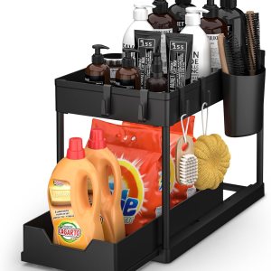 SUVANA Organizador para debajo del fregadero, organizador de armario de baño de 2 niveles con cesta deslizante debajo del fregadero, ganchos, taza SUVANA Organizador para debajo del fregadero, organizador de armario de baño de 2 niveles con cesta deslizante debajo del fregadero, ganchos, taza