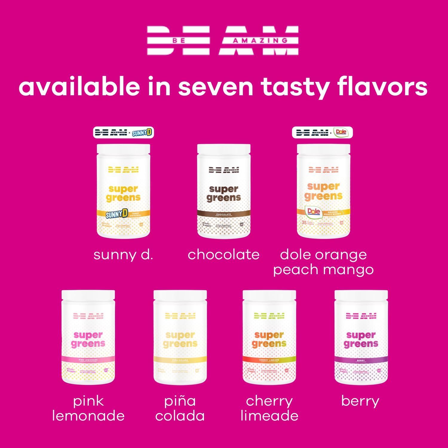 BEAM be Amazing Super Greens – Polvo con prebióticos, enzimas digestivas y antioxidantes  Suplementos energéticos, 18 frutas y 8 verduras  Mezcla de