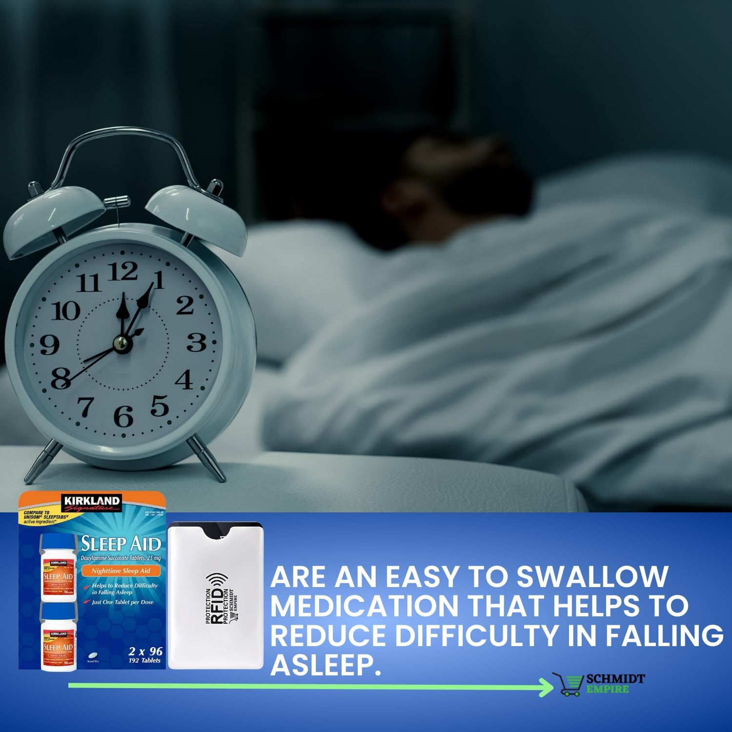 Kirkland Signature Sleep Aid Succinato de doxilamina de 25 mg (2 frascos, 96 pestañas en total 192 tabletas) + 1 protector de tarjeta SchmiidtEmpire