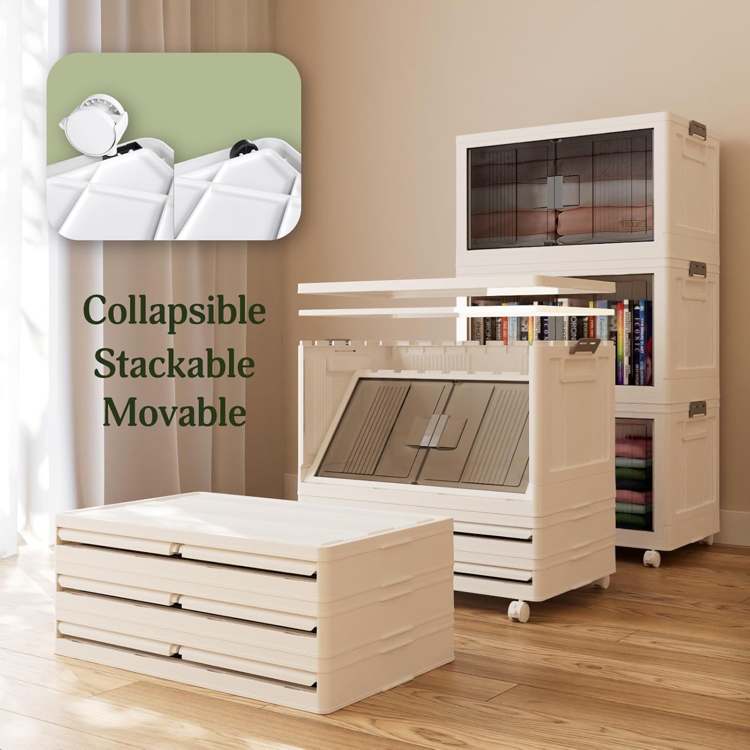 OlarHike Contenedores de almacenamiento de 74 cuartos de galón con tapas, caja de almacenamiento plegable con puertas y ruedas, contenedores de