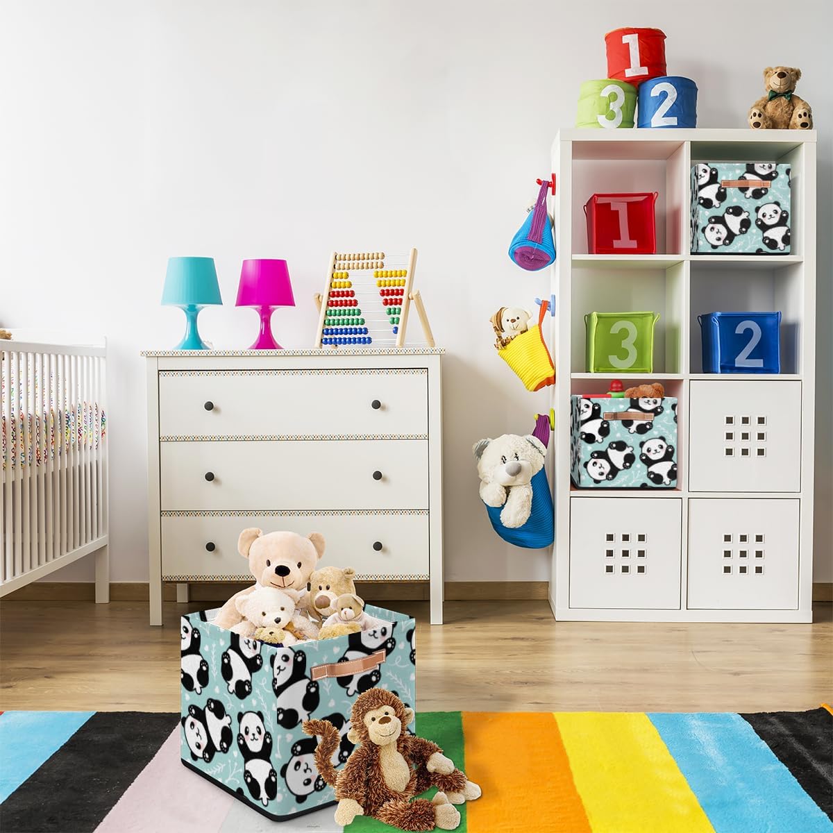 KOBLEN Modern Animal Panda Square Storage Basket Collapsible Storage Box Clothes Basket 13×13 Inch Large Cube Storage Bin With PU Leather Handle for