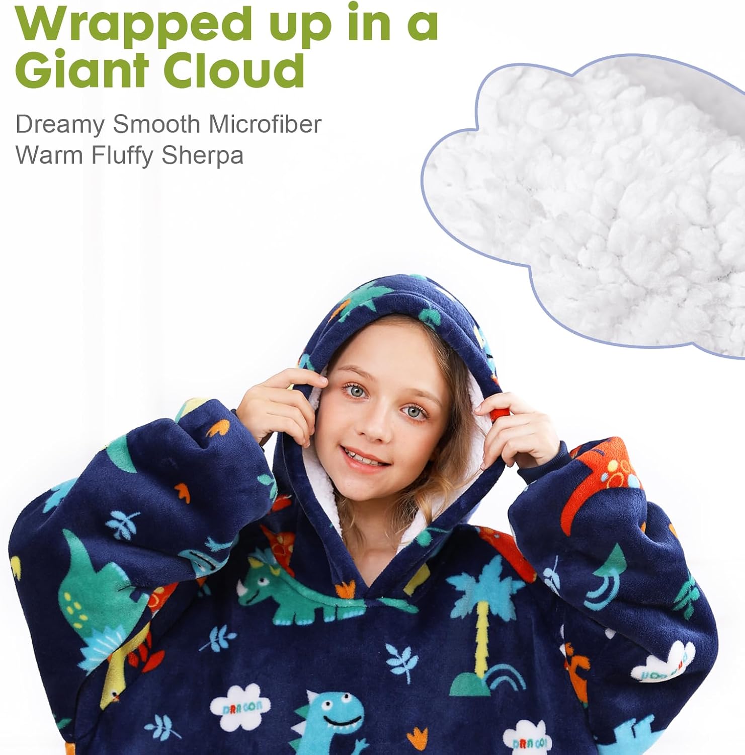 Uttermara Manta con capucha para niños, manta Sherpa de gran tamaño con capucha de sherpa, bolsillo frontal y mangas, acogedora sudadera suave y