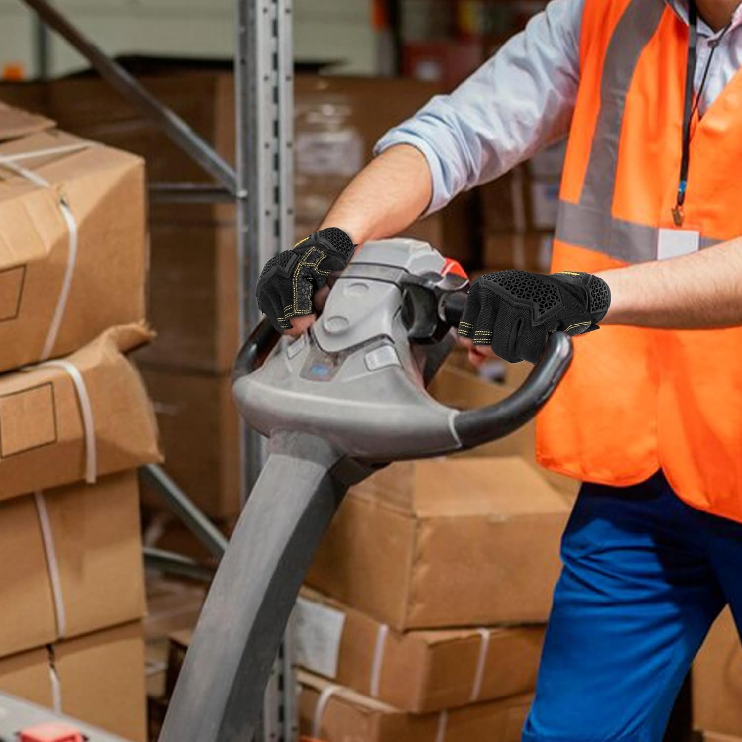 Guantes de trabajo de carpintero con palma para reducir impactos, guantes de trabajo acolchados de medio dedo con agarre de seguridad, protector de