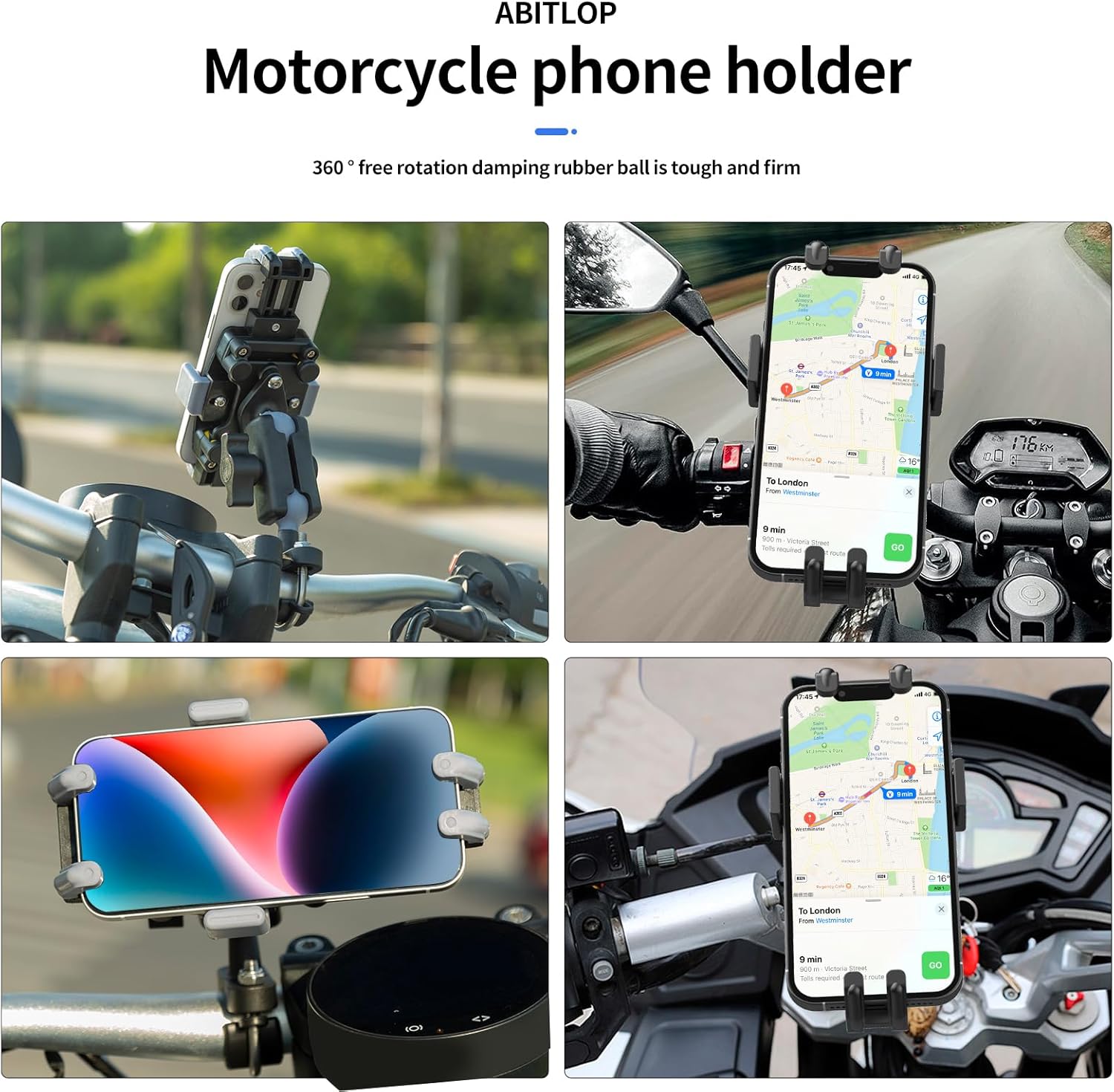 Soporte de teléfono para motocicleta con amortiguador de vibraciones, soporte de teléfono de motocicleta de 360 para 4.7″-7.1″, nailon súper estable
