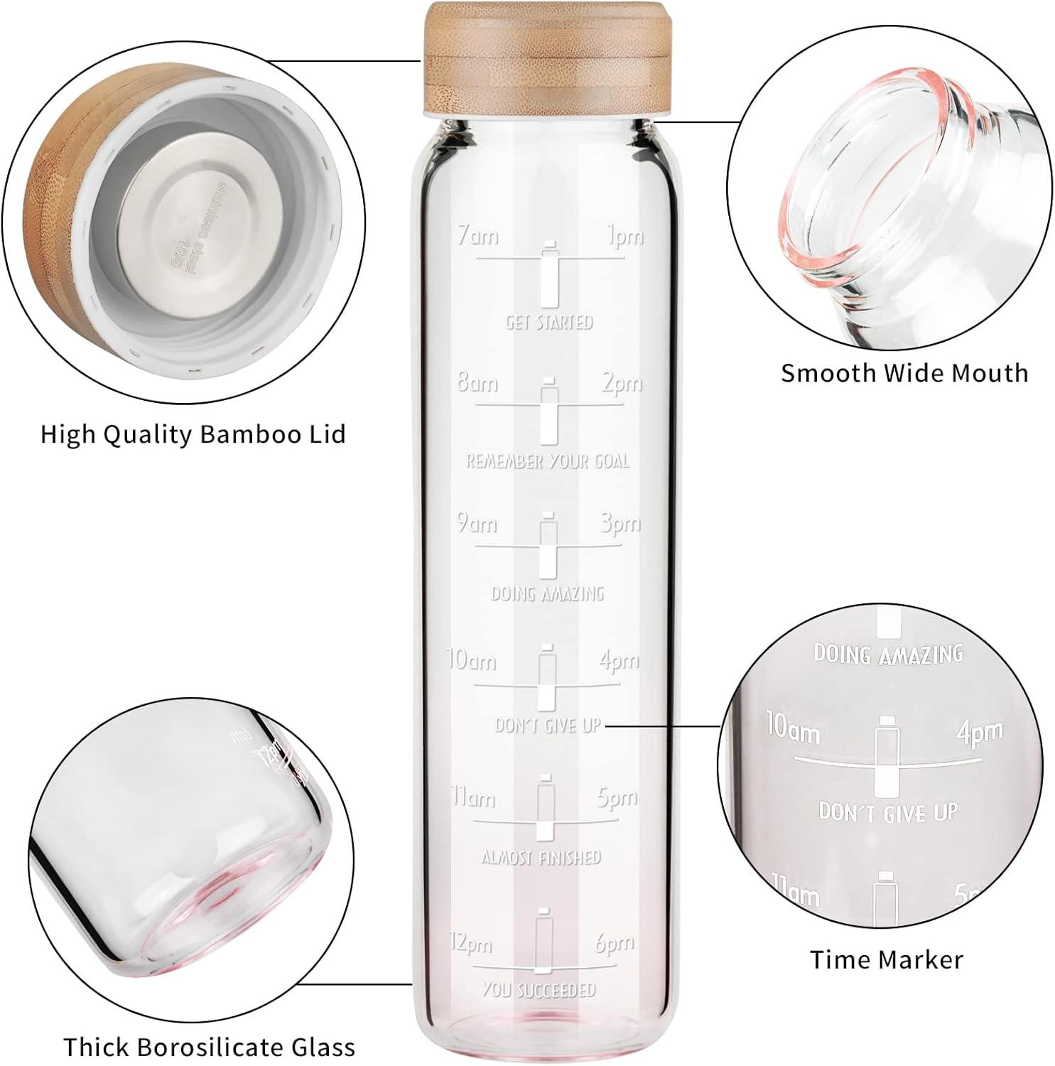 Botella de agua de vidrio de borosilicato de 32 onzas con popote y marcador de tiempo, botella de agua motivacional de boca ancha con funda de