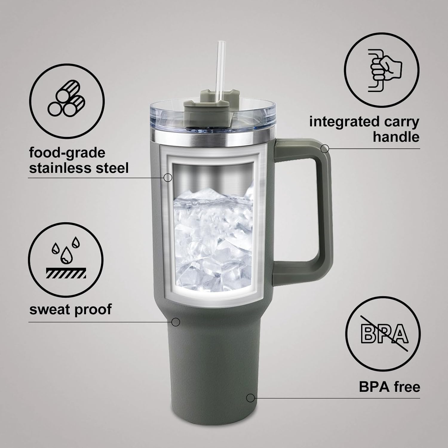 CusCosCes Vaso de 40 onzas con asa y pajita, taza de viaje de café para regalo, apto para portavasos y aislamiento a largo plazo, color gris