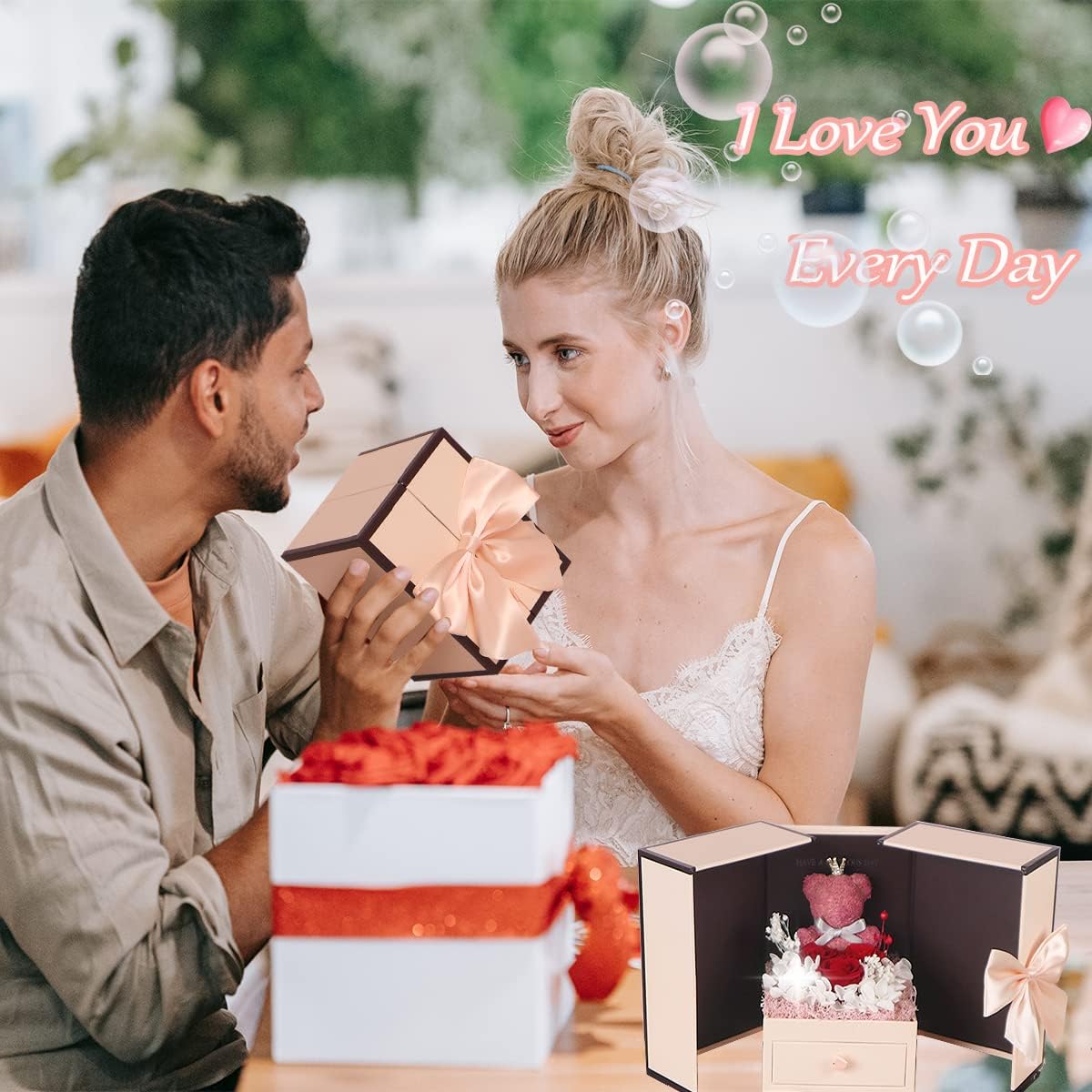 Juego de regalos de oso musgo de rosa preservada con 100 collares “I Love You” para mamá, esposa, novia, día de la madre, Navidad, día de San