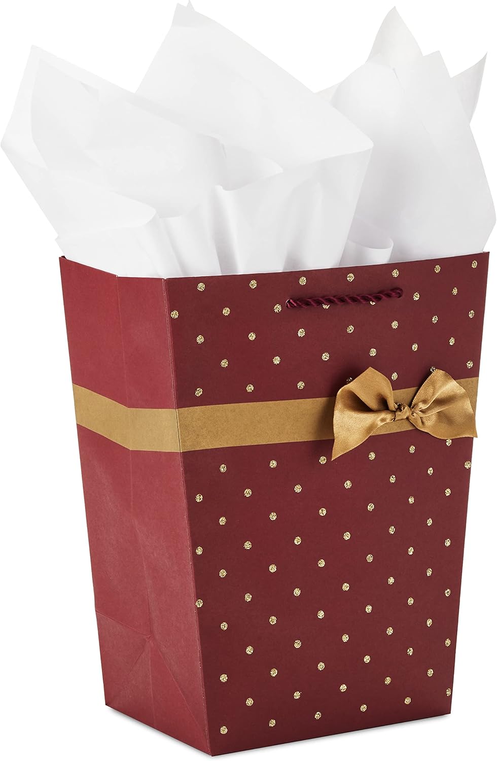 Hallmark Bolsa de regalo mediana de 9 pulgadas con papel de seda (trapezoide rojo con purpurina dorada y cinta) para el día de San Valentín,