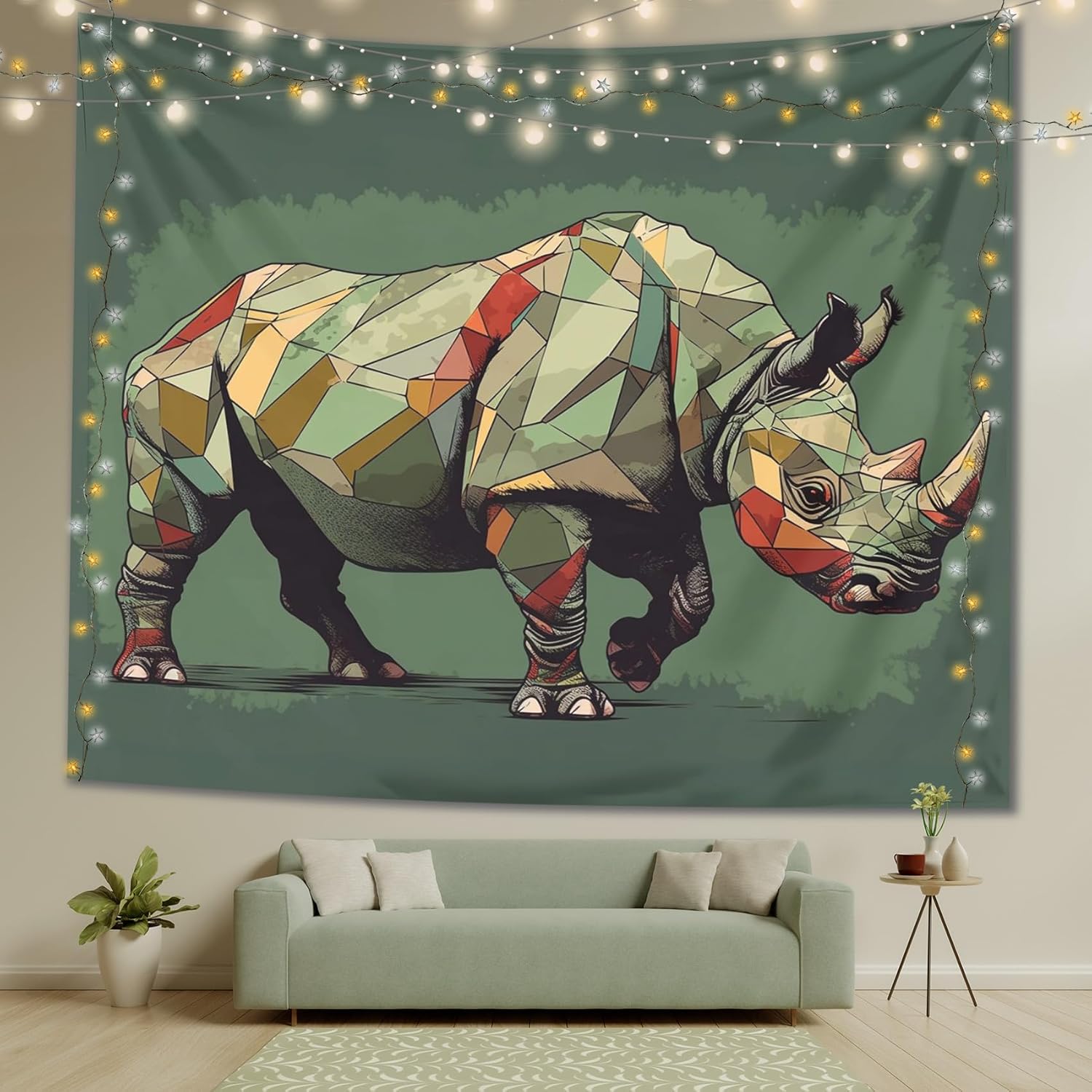 THYUNQ Tapiz de rinoceronte para colgar en la pared, tapiz de animales para estética de dormitorio, tapices de arte geométrico verde, tapastry de
