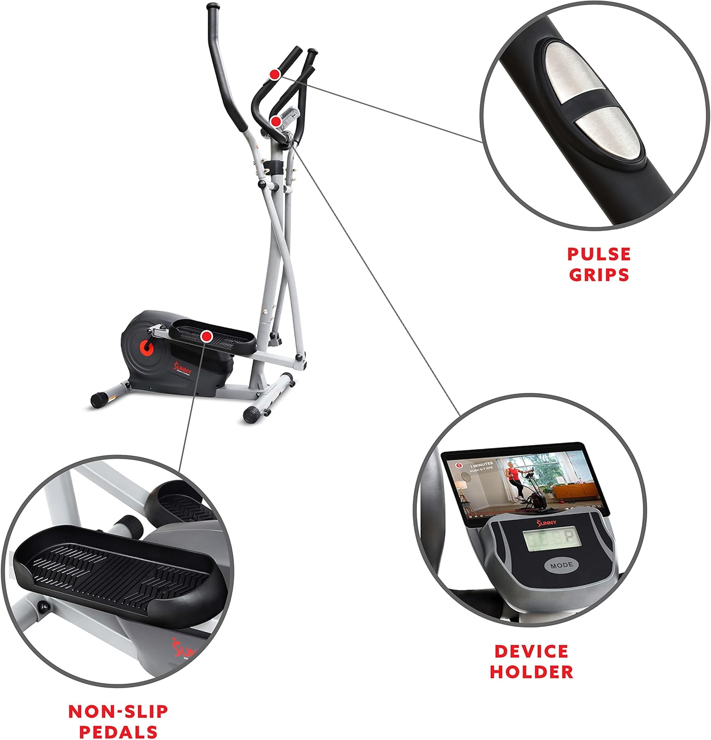 Sunny Health & Fitness Máquina elíptica magnética con monitor de rendimiento LCD, sensor de pulso, estabilizadores de piso, bajo impacto,