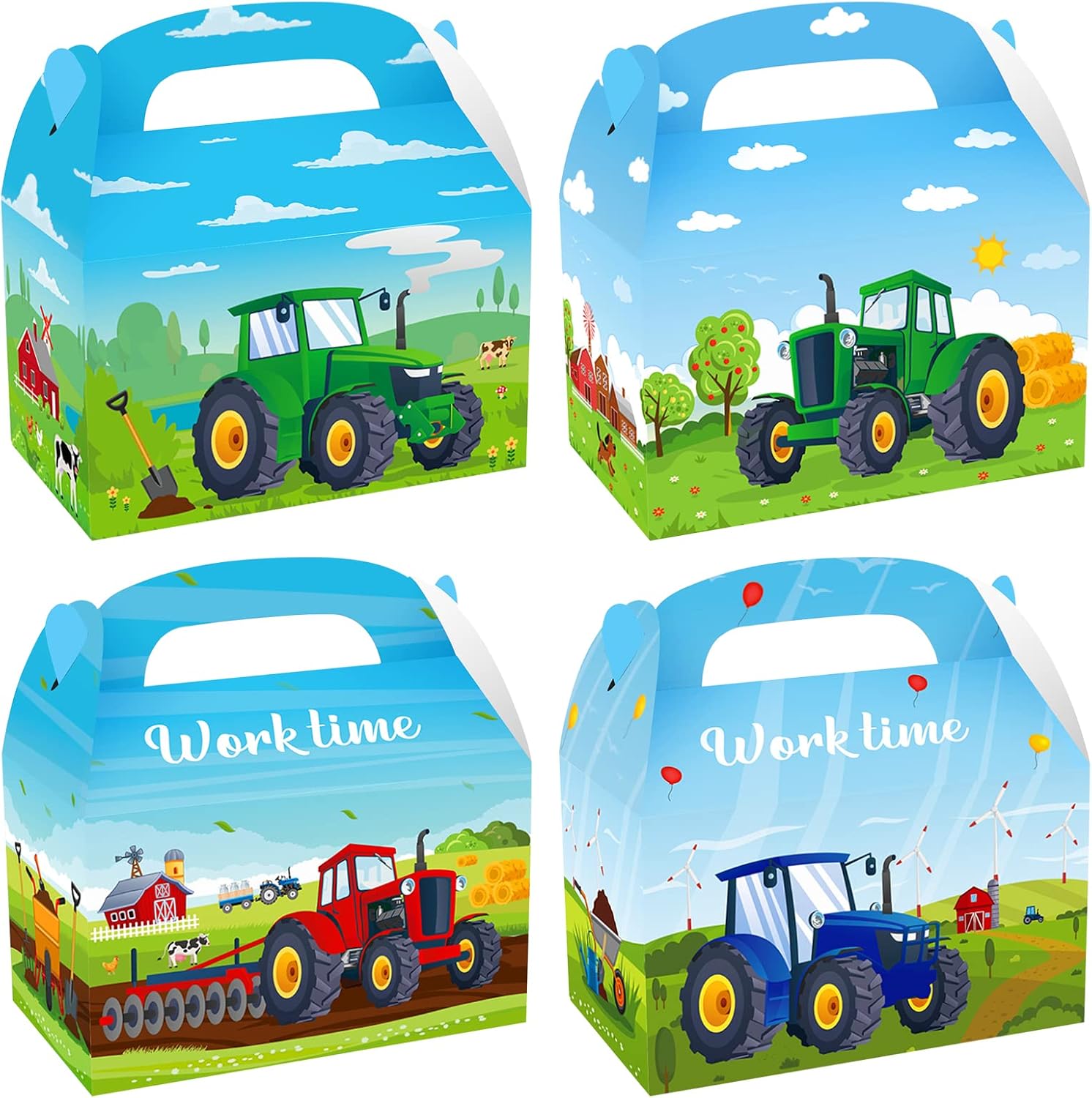Cieovo Paquete de 24 cajas de regalo de fiesta de tractor de granja, estampado de tractor, cajas de regalo recicladas para fiesta temática de
