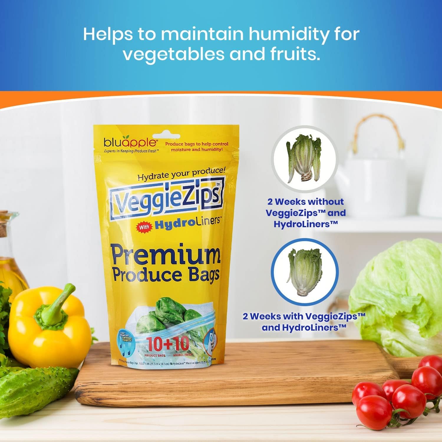 Bluapple VeggieZips Sistema de almacenamiento de productos de alta calidad, juego de 40 piezas, 20 bolsas ahorradoras de alimentos + 20 HydroLiners,