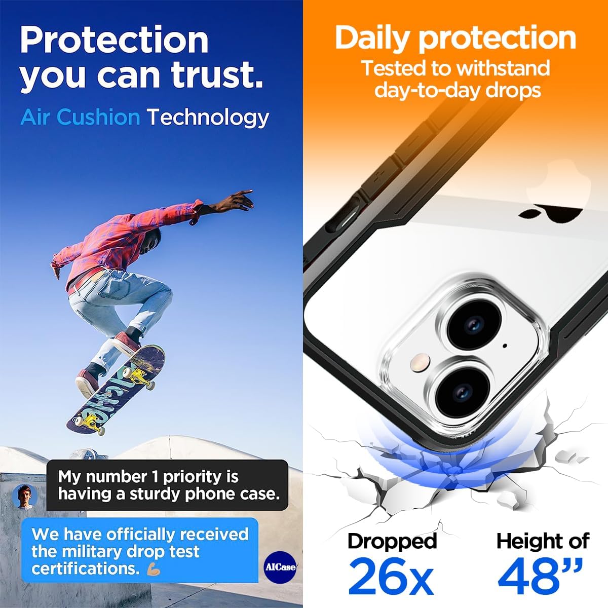 AICase Funda para iPhone 15 de titanio a prueba de golpes, transparente, de grado militar, prueba de caídas de 20 pies, marco de aluminio duradero,
