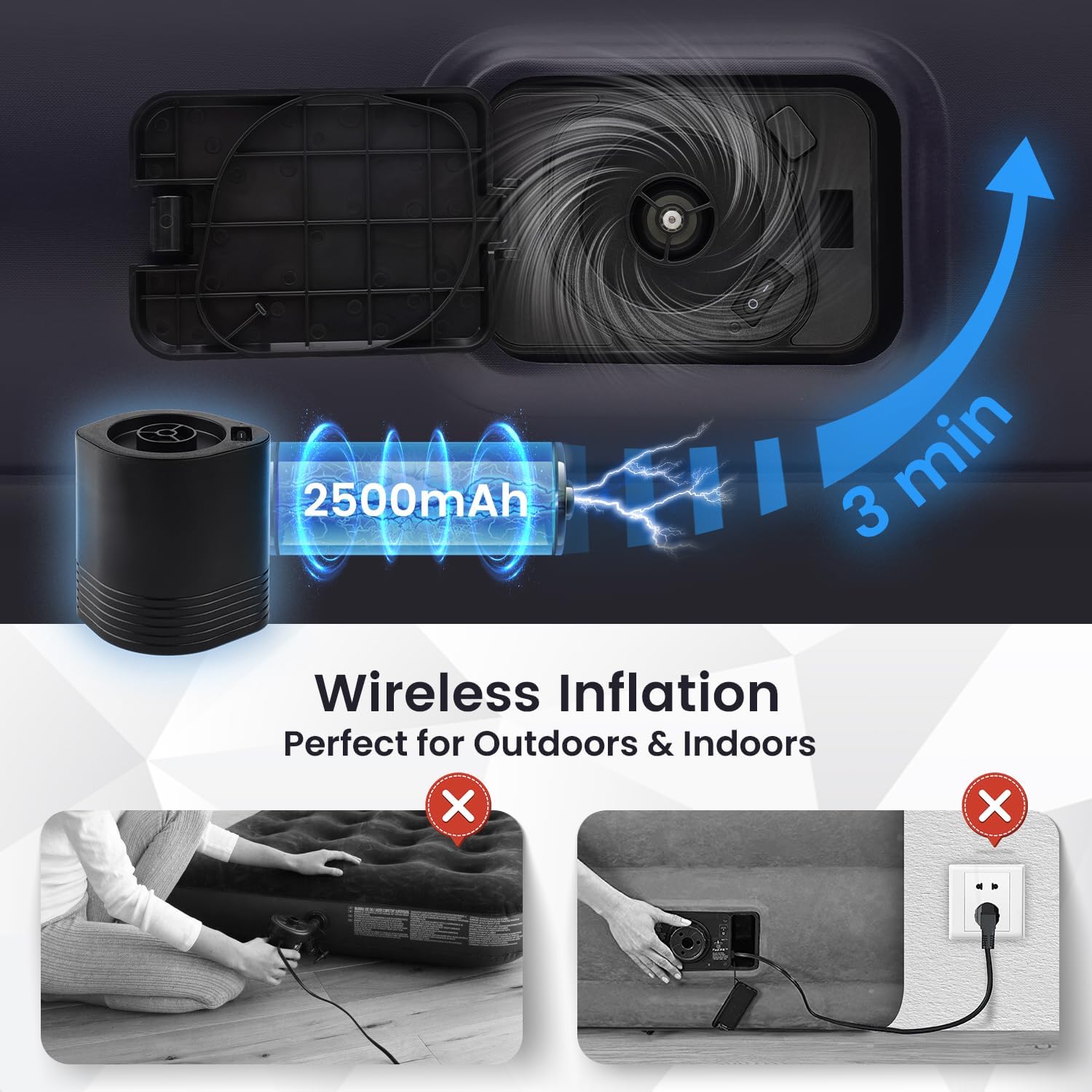 Colchón inflable Queen con bomba de batería integrada de 2500 mAh de 10 pulgadas de altura, colchón inflable de infladodesinflado rápido y fácil