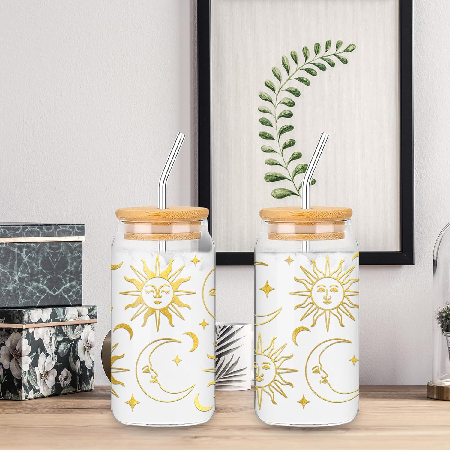 Whaline Paquete de 2 vasos de sol y luna de lámina dorada, vasos de sol y luna y estrella, taza de café mágico de 16 onzas con tapa, popote para