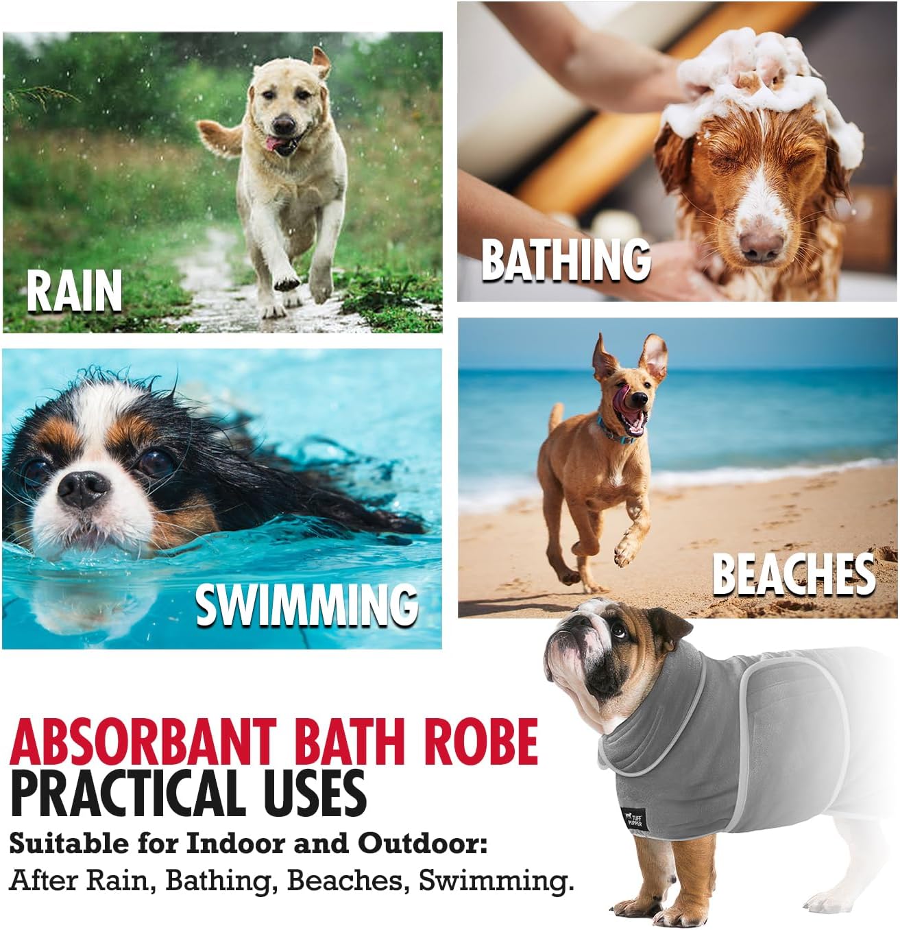 Tuff Pupper Bata de baño para perro de secado rápido, toalla de felpa de 800 GSM, bata de baño súper absorbente para mascotas y cachorros, capucha