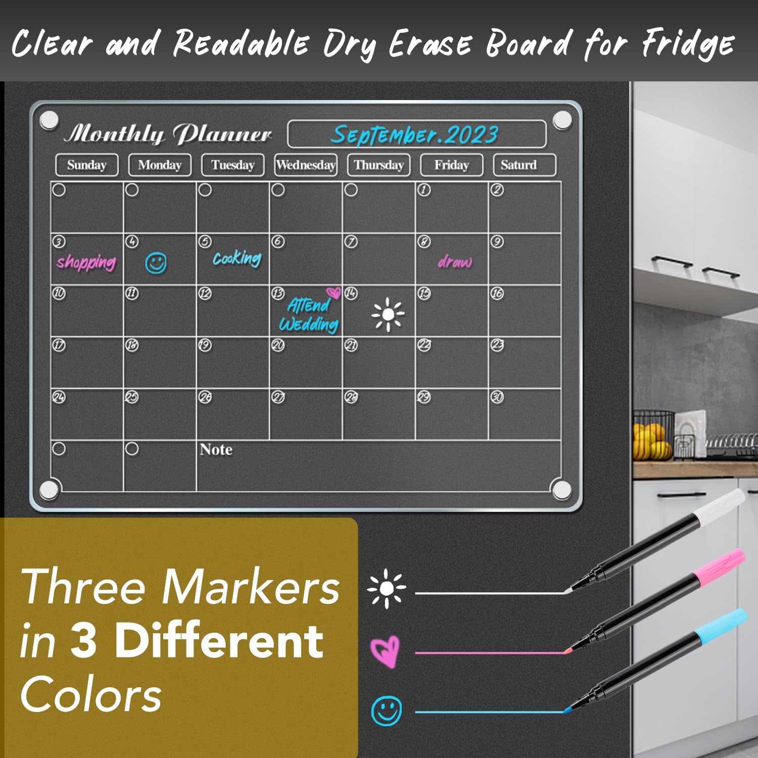 DIYMAG Calendario magnético de acrílico de borrado en seco para refrigerador, calendario acrílico transparente, tablero de planificación mensual
