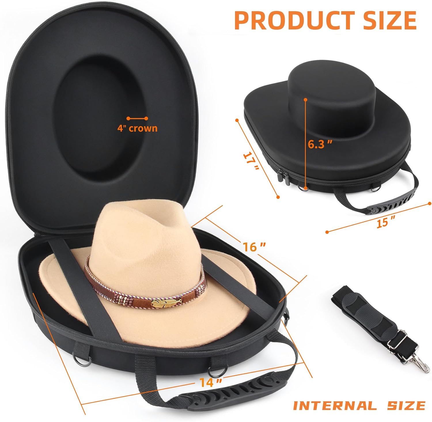 Caja de sombrero de vaquero para viaje, a prueba de aplastamientos, equipada con una asa de transporte, correa para el hombro y correa de equipaje,