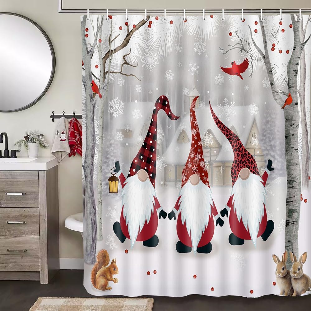 Dongbei Cortina de ducha de Navidad, cortina de baño gris para vacaciones de invierno, árbol de nacimiento de bosque nevado con lindo gnomo