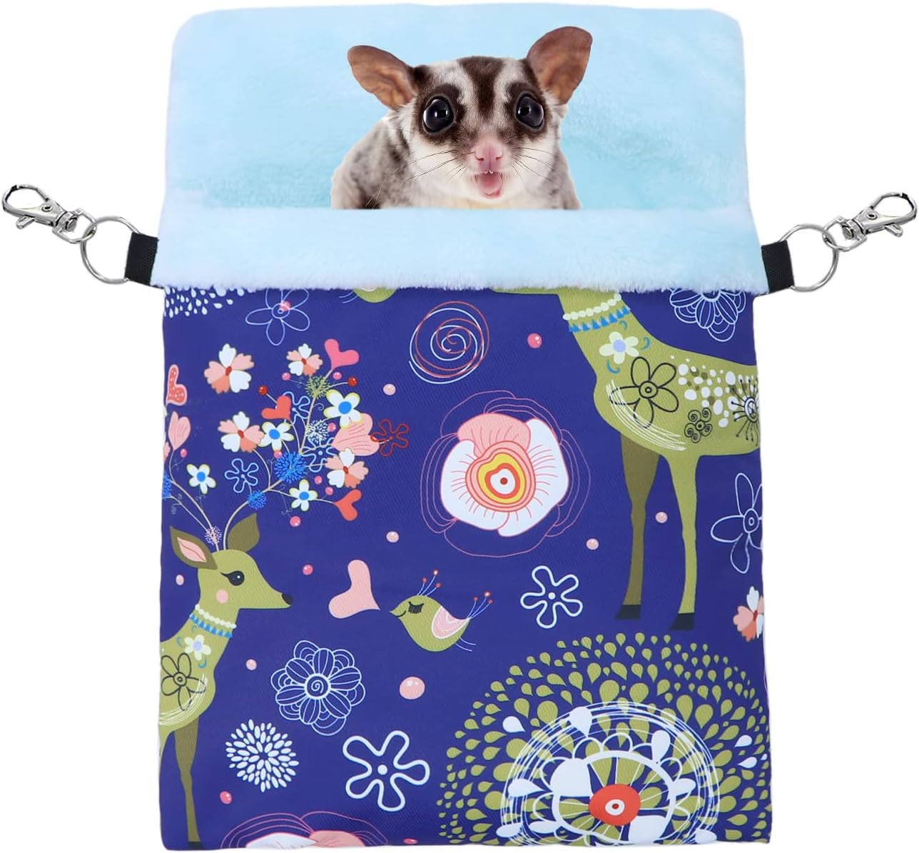 Wontee Saco de dormir para mascotas pequeñas, saco de dormir cálido para hámsters, erizos, planeadores de azúcar, ardillas (L, alce azul)