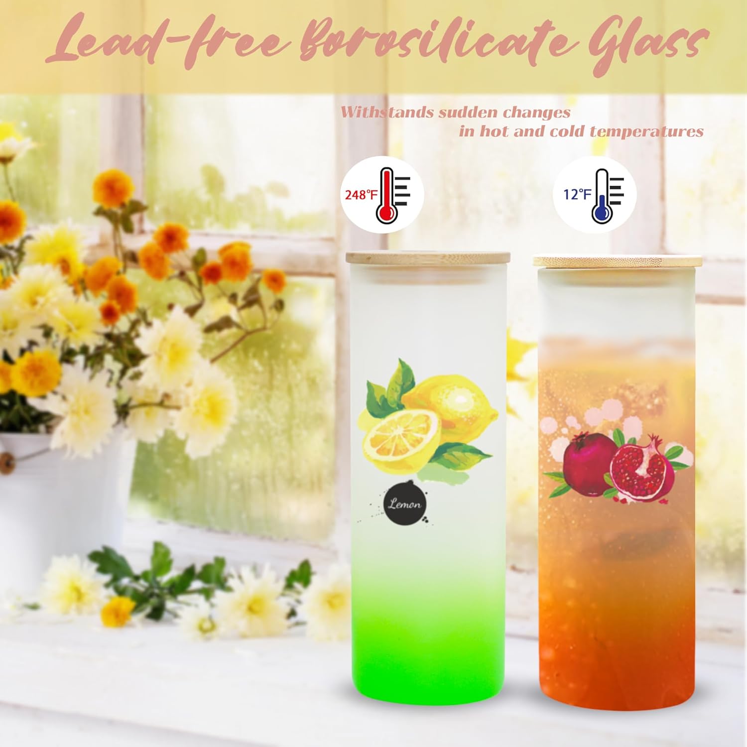 Paquete de 25 vasos de vidrio esmerilado con tapas y pajitas, vasos de vidrio sublimación de color degradado de 25 onzas, vasos de sublimación de